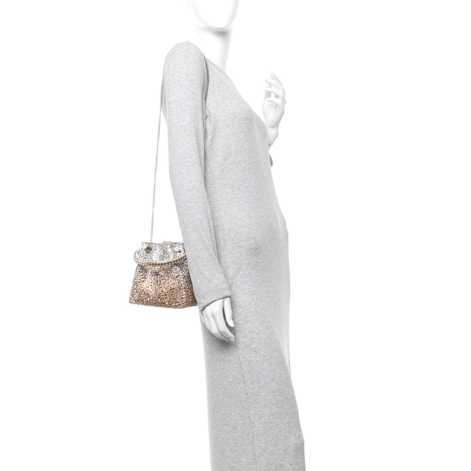 Jimmy Choo Satin Hotfix Crystal Embellished Bon Bon Bucket Bag Gold Silver 2 of 9