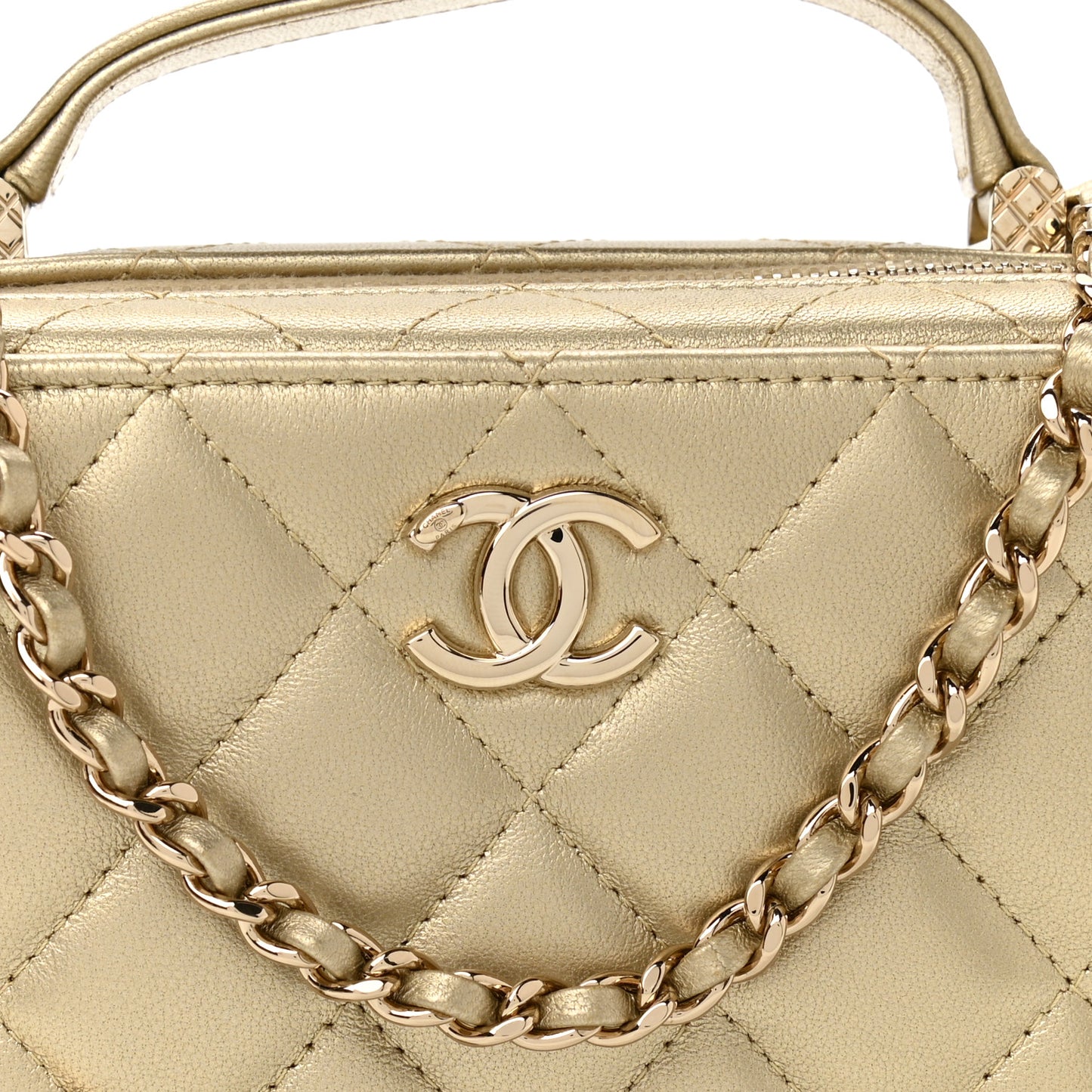 Metallic Lambskin Quilted Top Handle Vanity Case Gold