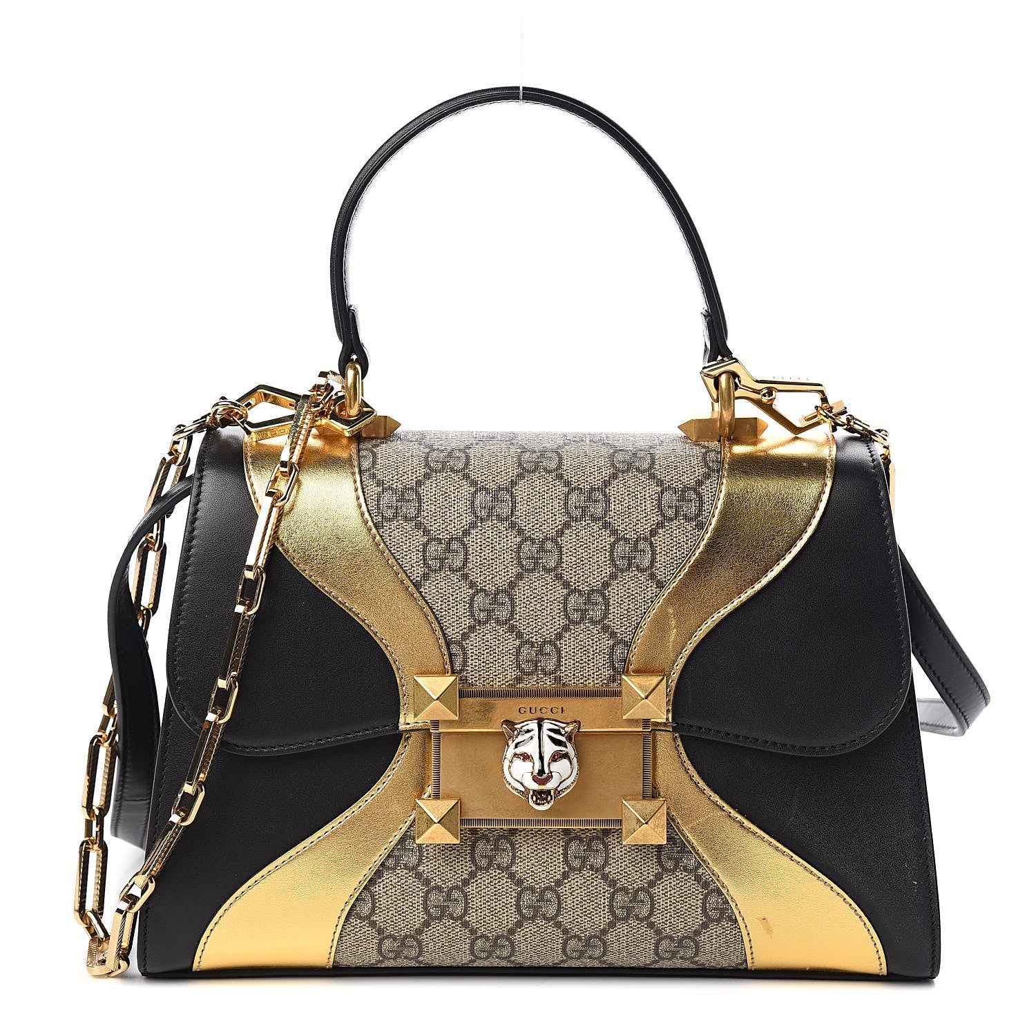 Gucci GG Supreme Monogram Small Osiride Top Handle Bag Black Gold 1 of 15