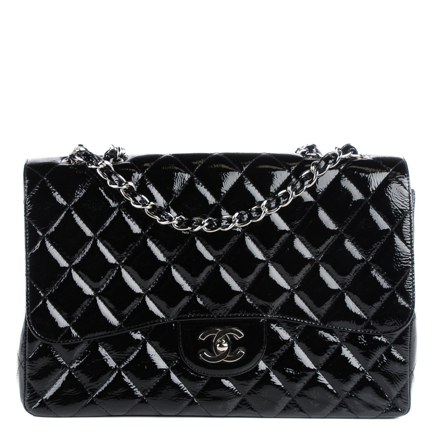 Distressed Patent Quilted Jumbo Single Flap Black