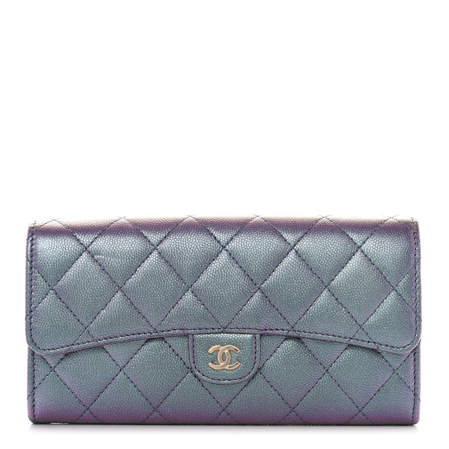 Iridescent Caviar Quilted Large Gusset Flap Wallet Dark Blue