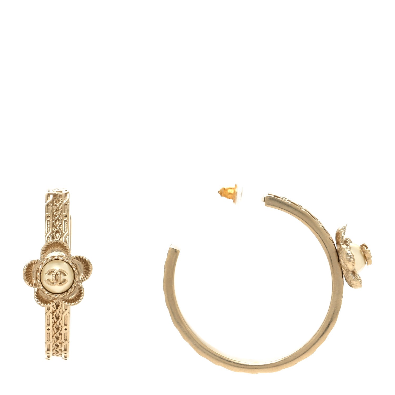Chanel Enamel Crystal Pearl CC Camellia Hoop Earrings Gold 1 of 4