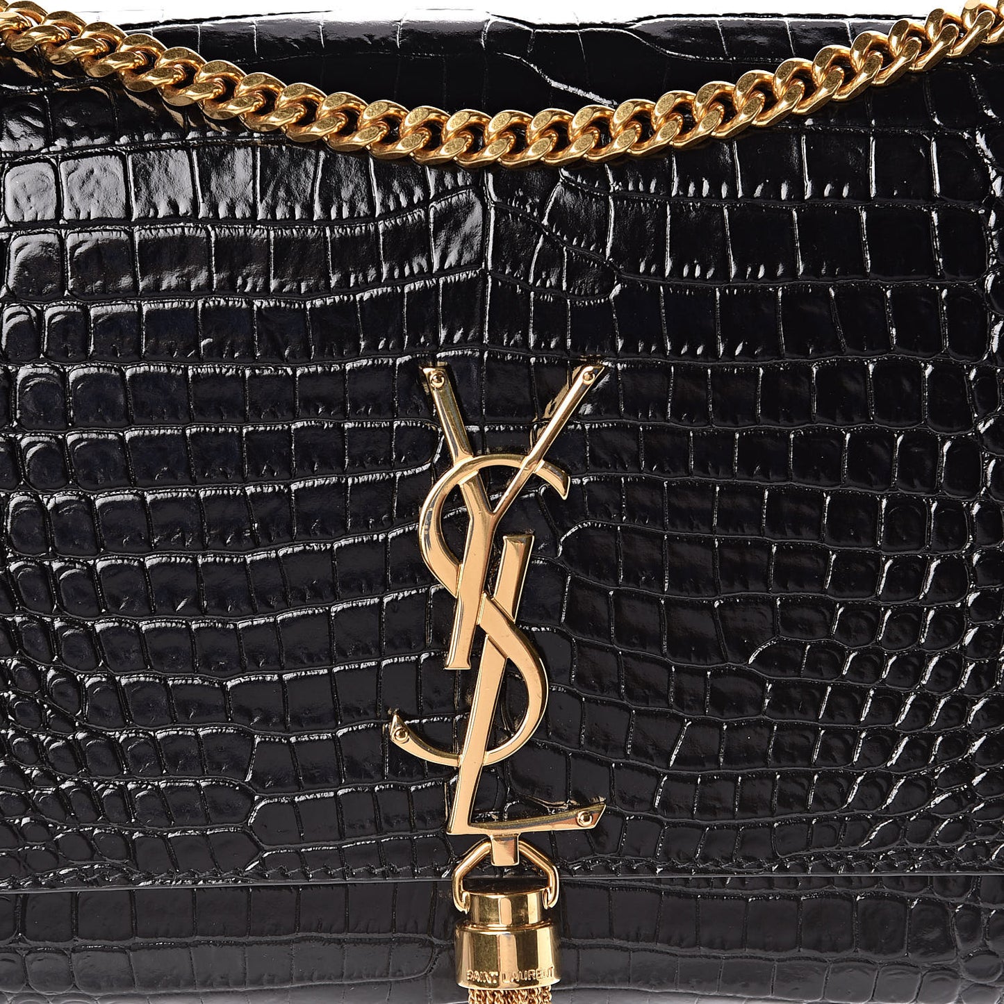 Calfskin Crocodile Embossed Medium Classic Monogram Kate Tassel Satchel Black