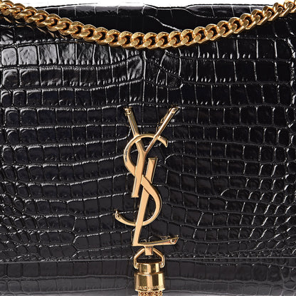 Saint Laurent Calfskin Crocodile Embossed Medium Classic Monogram Kate Tassel Satchel Black 10 of 11