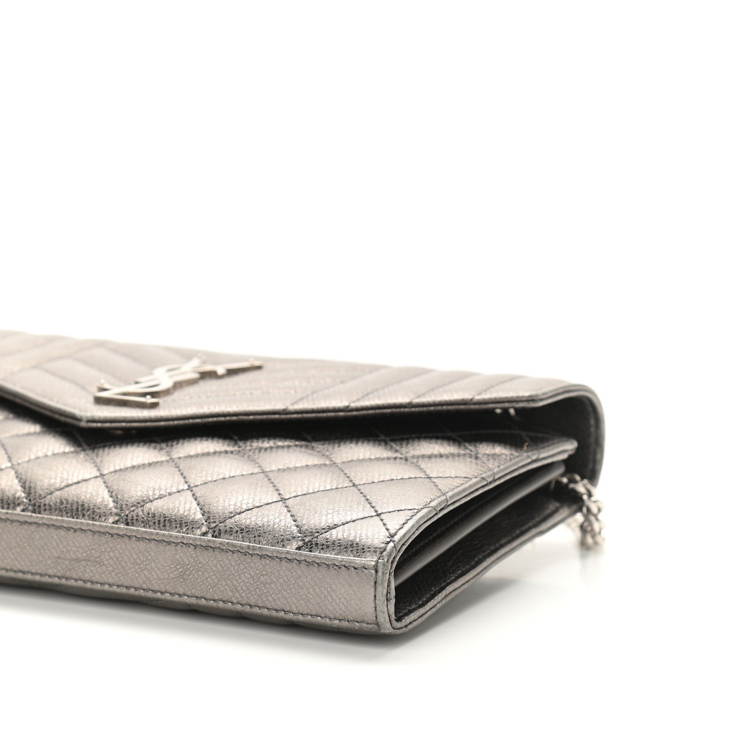 Saint Laurent Metallic Calfskin Mixed Matelasse Triquilt Monogram Chain Wallet Piombo 10 of 11