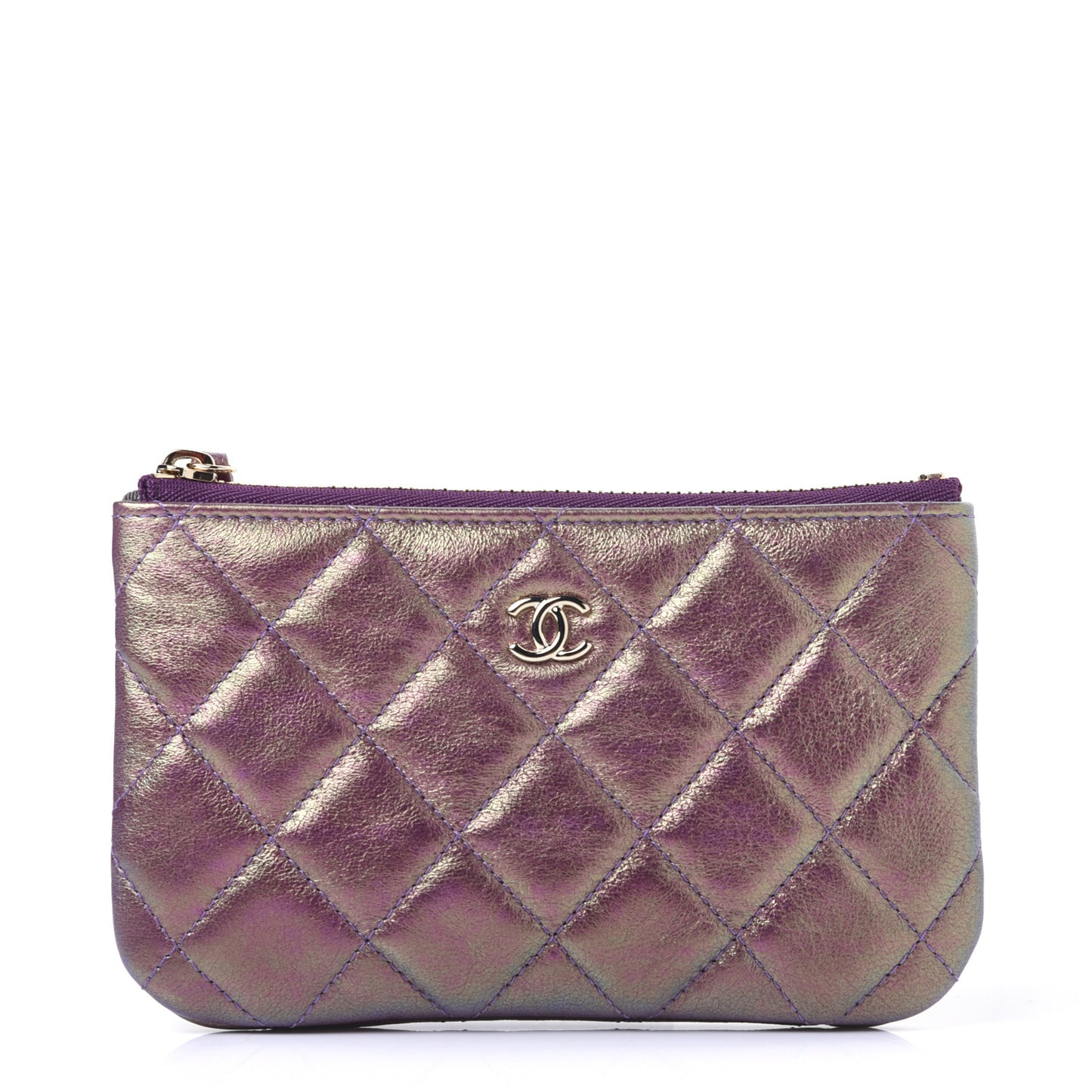 Iridescent Lambskin Quilted Small Cosmetic Case Purple