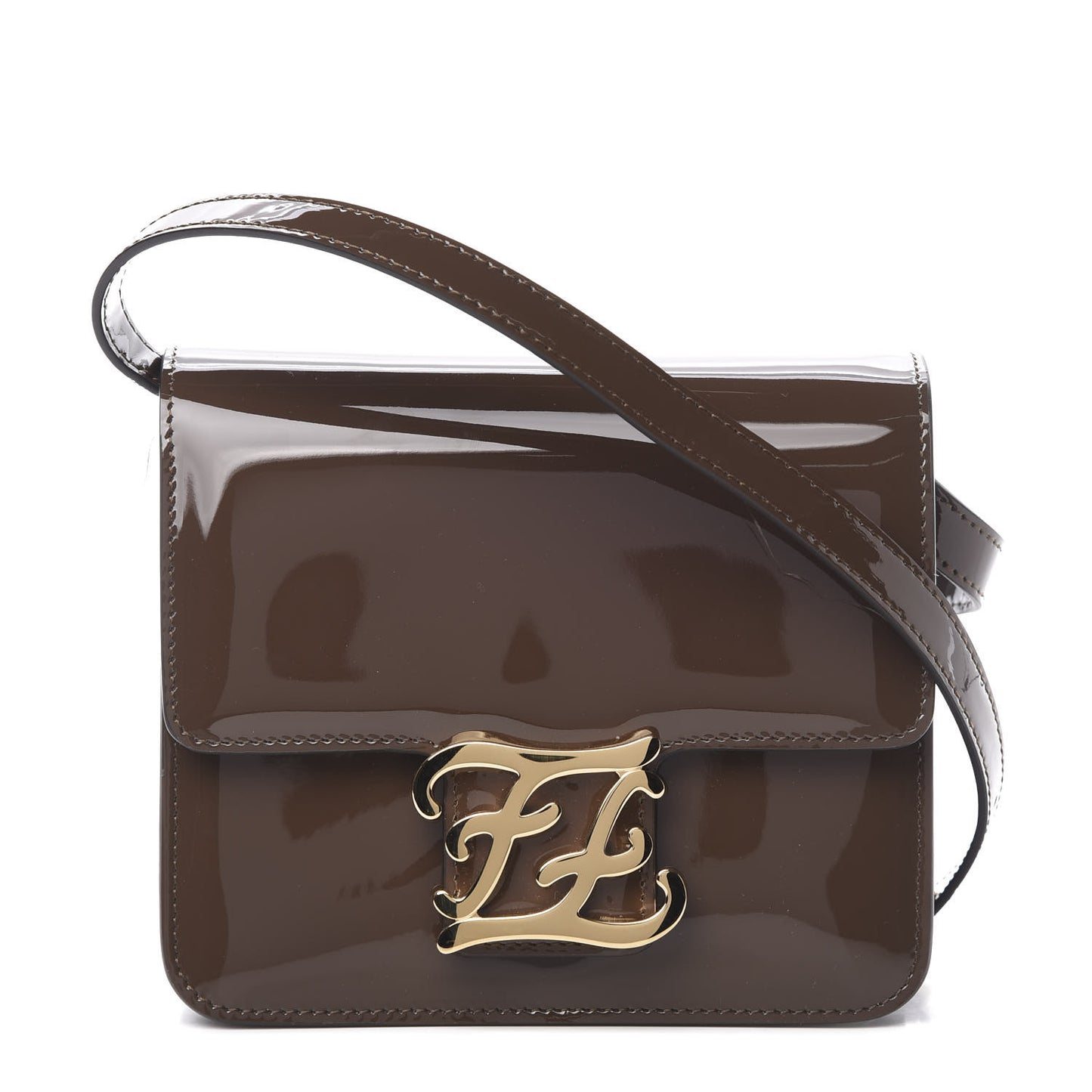 Vitello Vernice Mou Karligraphy Crossbody Bag Ebano