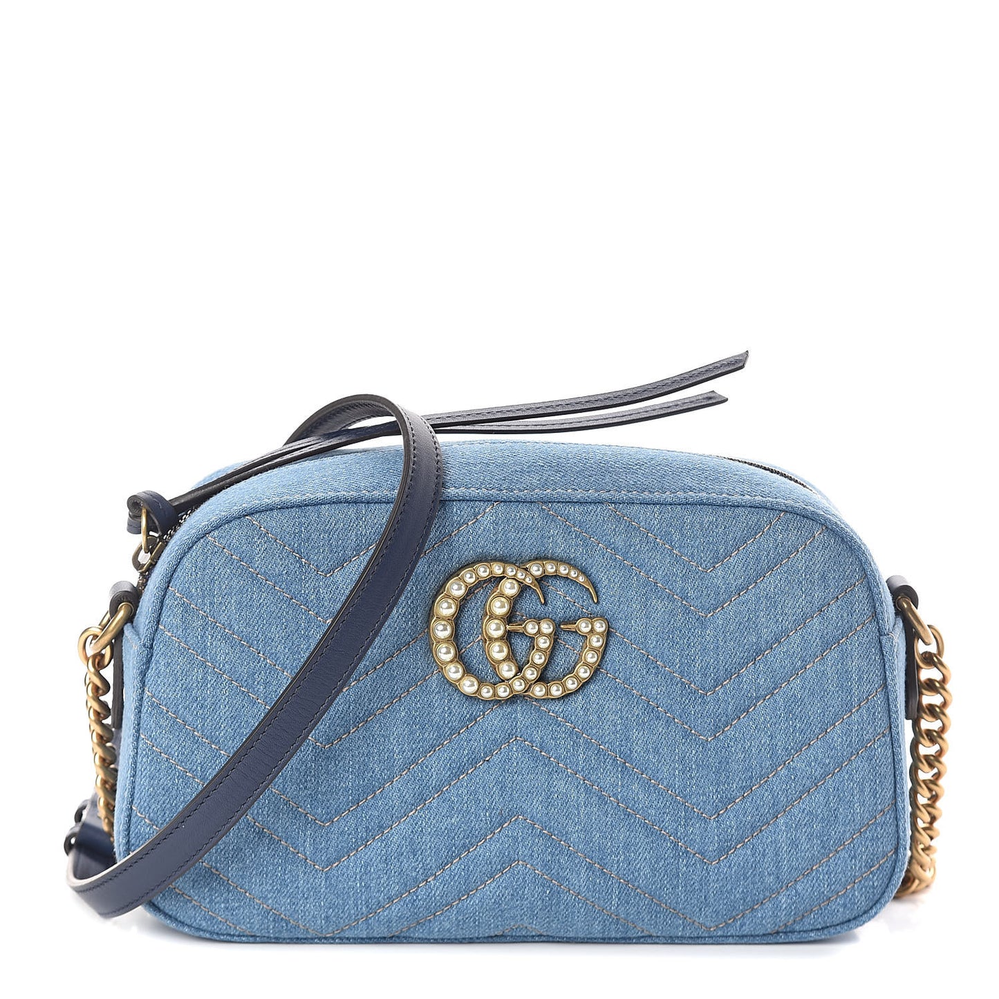 Denim Matelasse Small Pearly GG Marmont Chain Shoulder Bag Blue