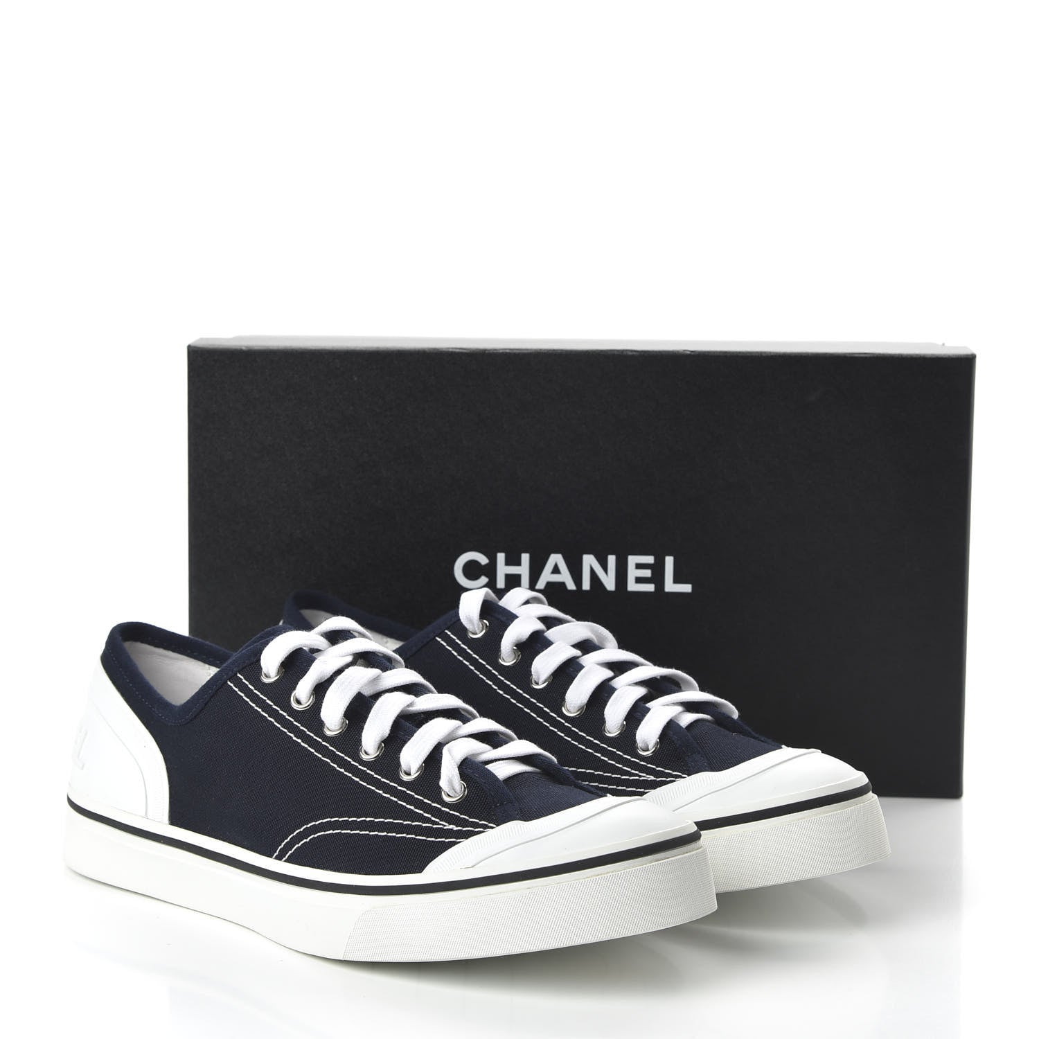 Chanel Fabric Mens Lace Up Cap Toe Sneakers 41 Navy 9 of 10