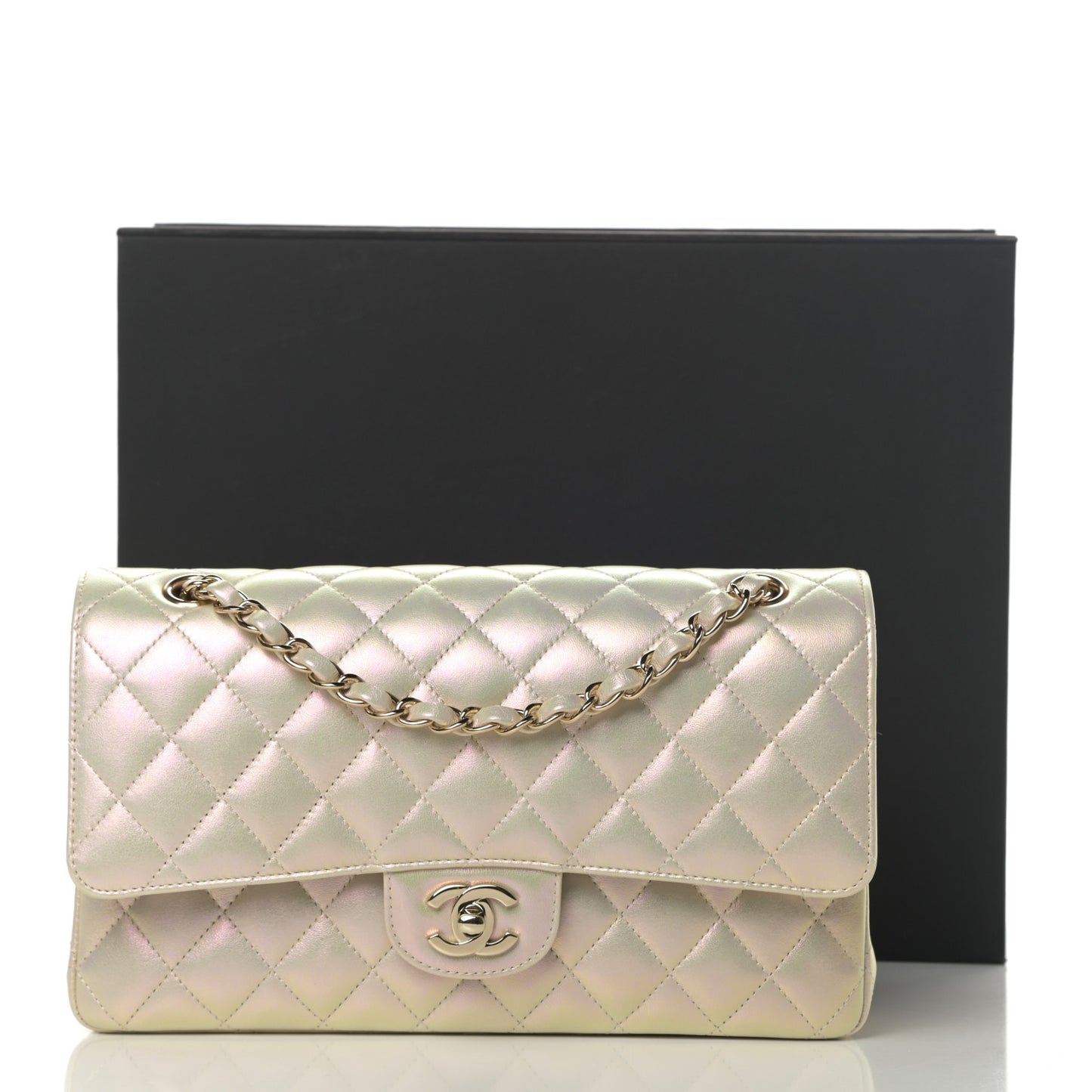 Iridescent Lambskin Quilted Medium Double Flap Ivory