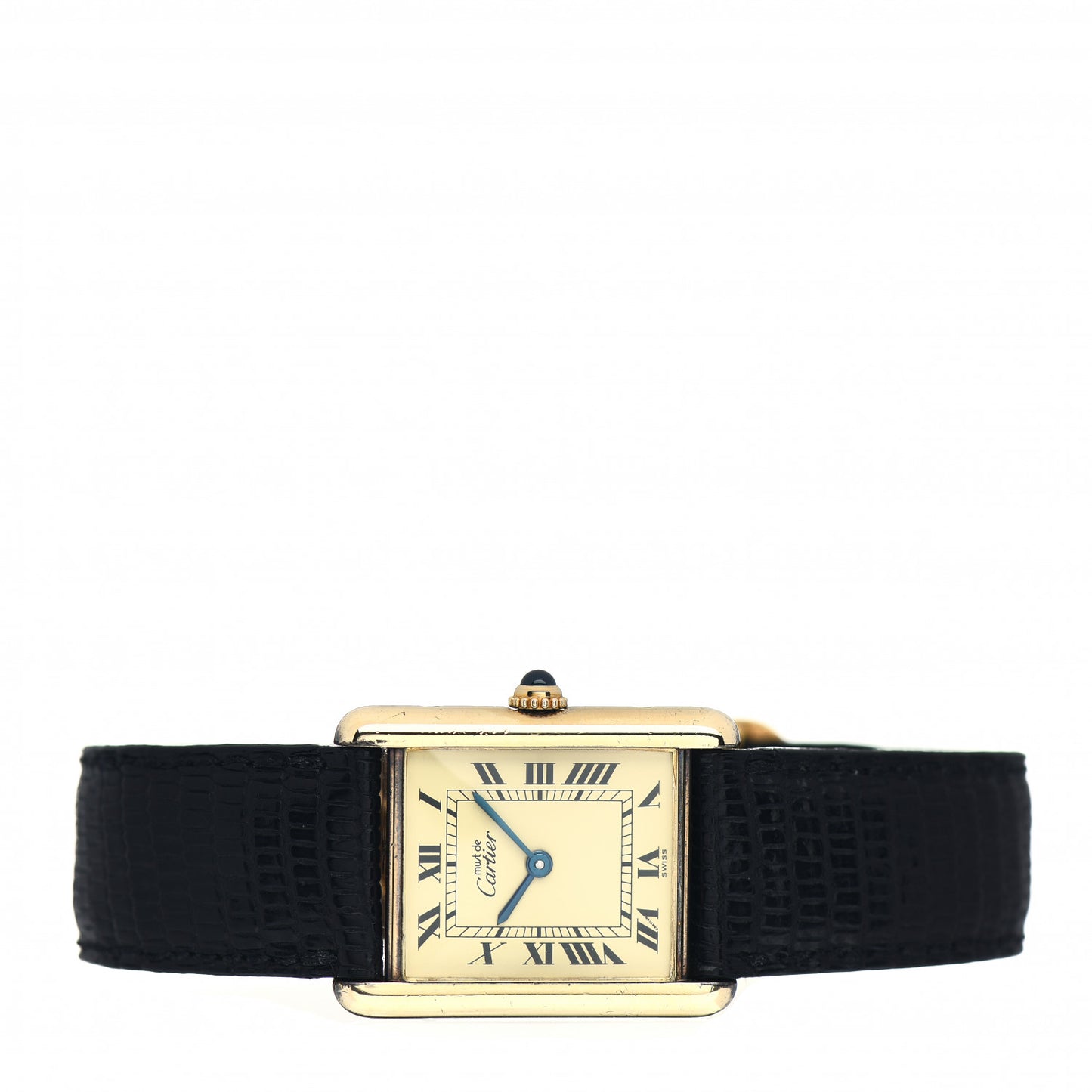 Sterling Silver Vermeil Lizard 20mm Must de Cartier Tank Quartz Watch Brown