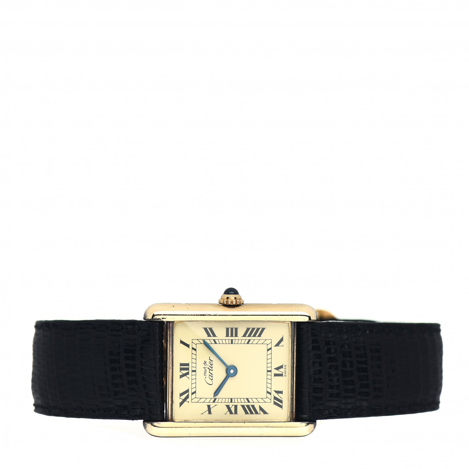 Cartier Sterling Silver Vermeil Lizard 20mm Must de Cartier Tank Quartz Watch Brown 2 of 4