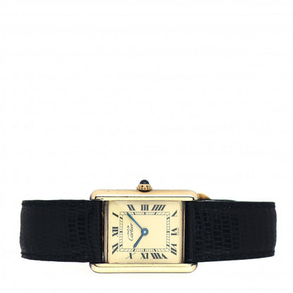 Cartier Sterling Silver Vermeil Lizard 20mm Must de Cartier Tank Quartz Watch Brown 2 of 4