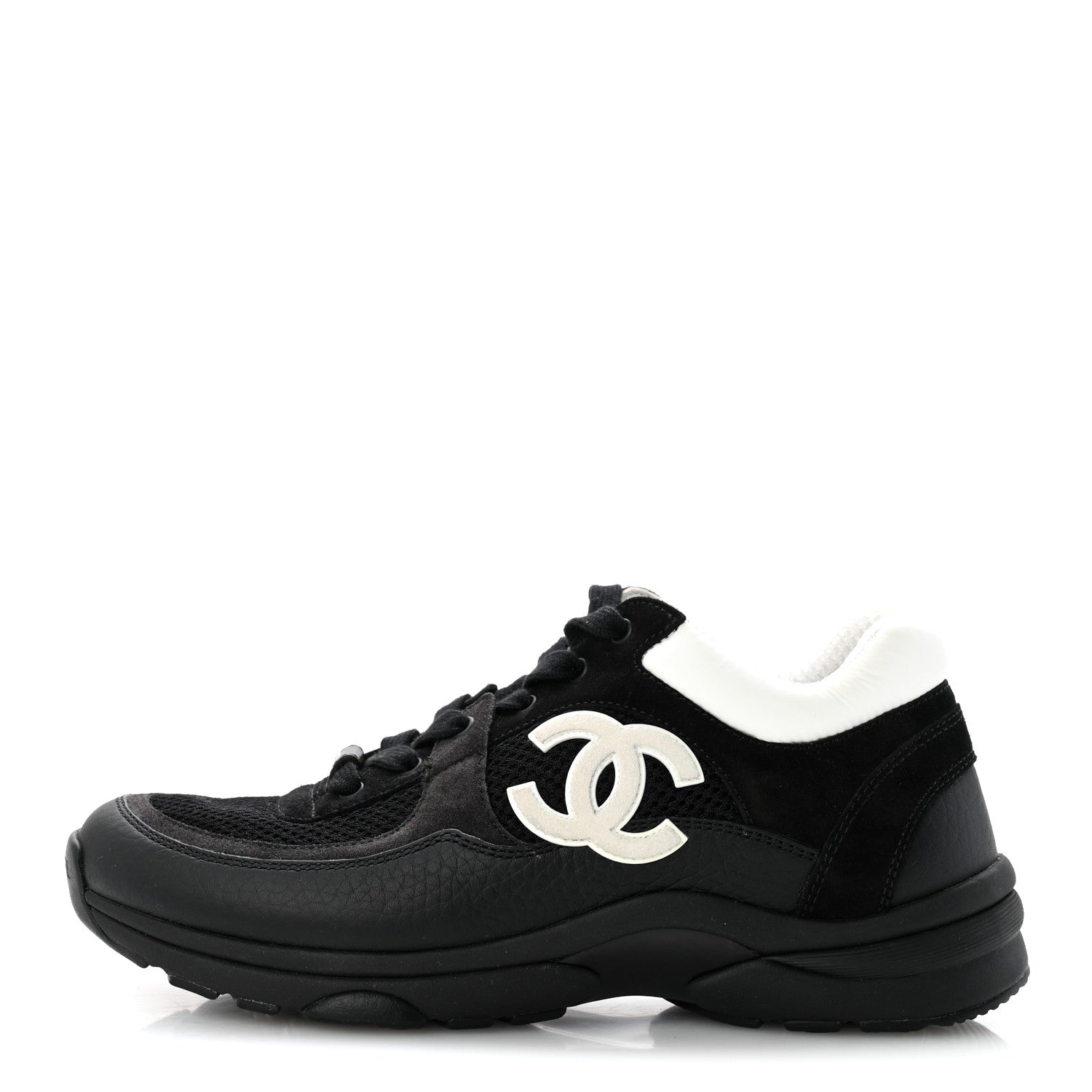 Chanel Mesh Suede Grained Calfskin Womens CC Sneakers 38 Black White 1 of 8