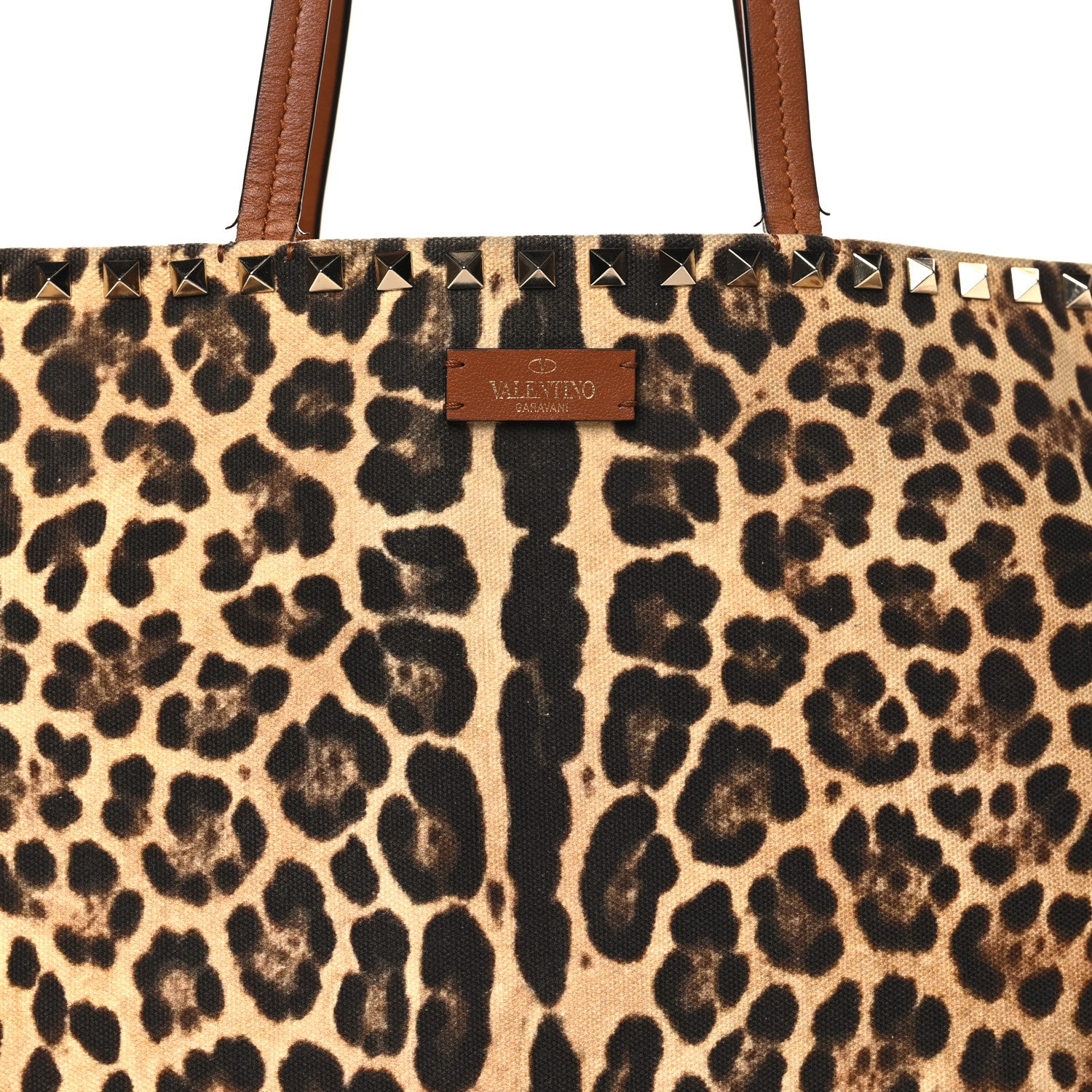 Valentino Garavani Canvas Nappa Leopard Print Rockstud Tote Brown 7 of 14