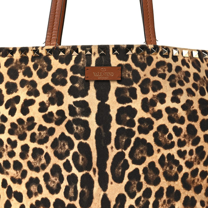 Valentino Garavani Canvas Nappa Leopard Print Rockstud Tote Brown 7 of 14