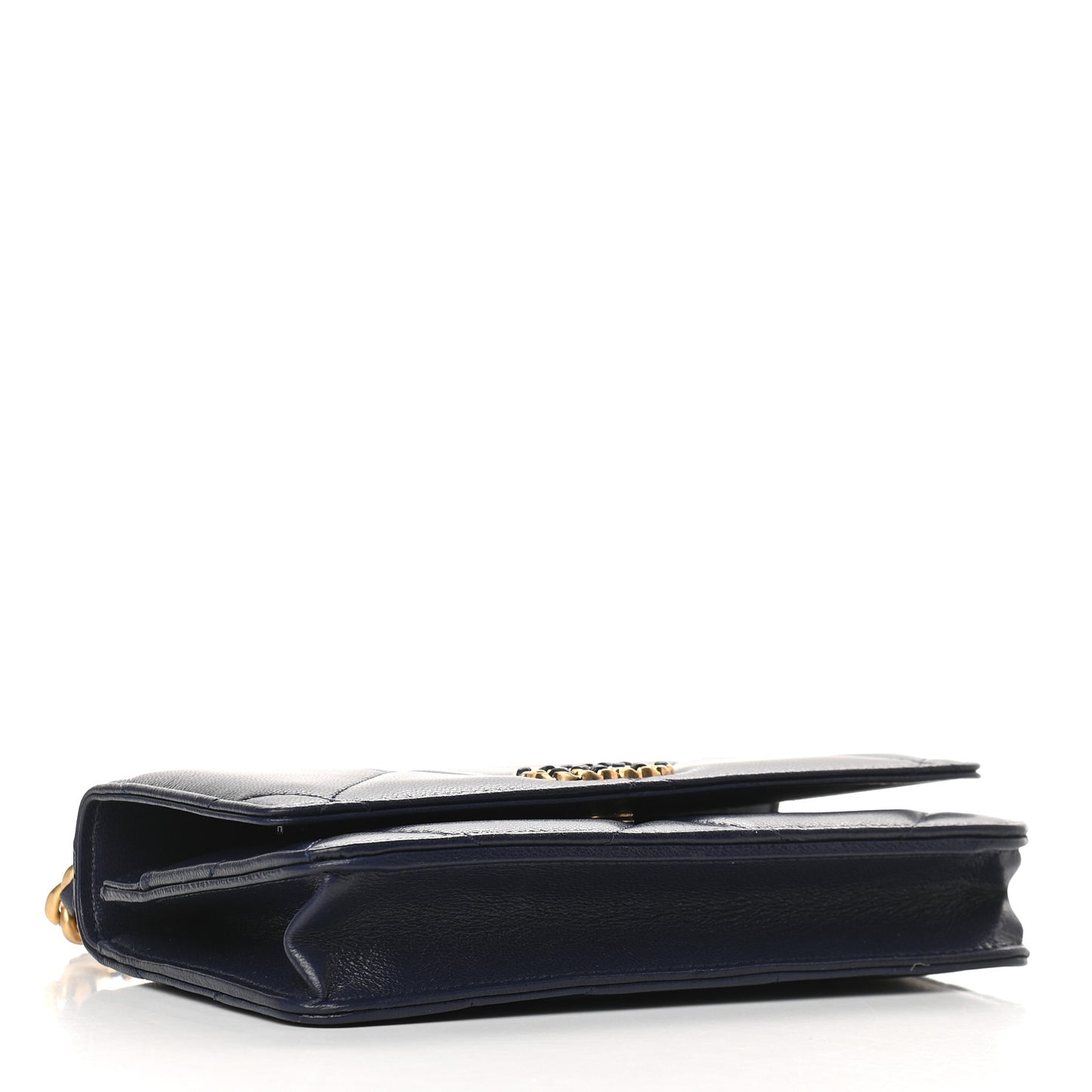 Shiny Goatskin Quilted Chanel 19 Wallet On Chain WOC Dark Blue