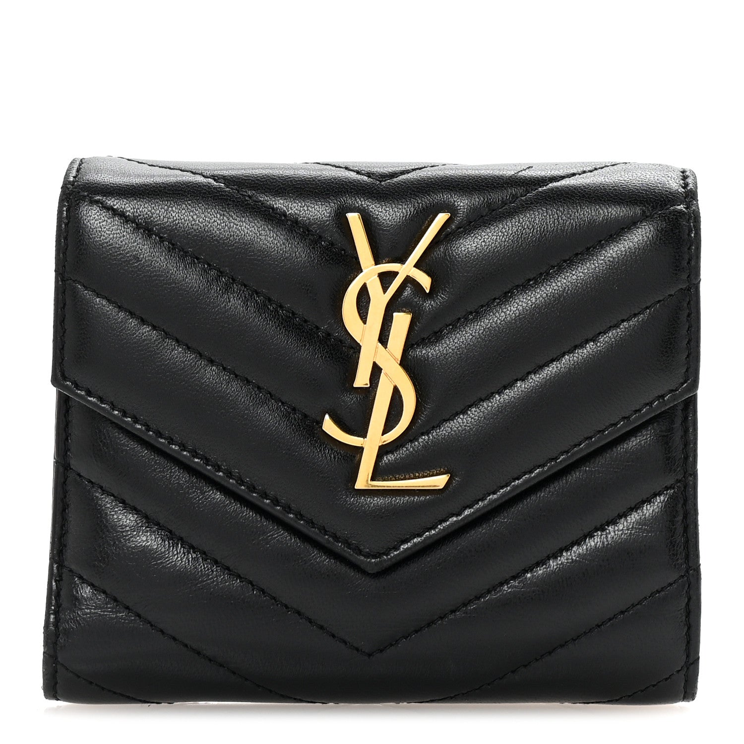 Saint Laurent Lambskin Matelasse Chevron Monogram Compact Tri Fold Wallet Black 1 of 7