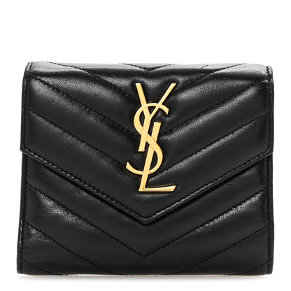 Saint Laurent Lambskin Matelasse Chevron Monogram Compact Tri Fold Wallet Black 1 of 7