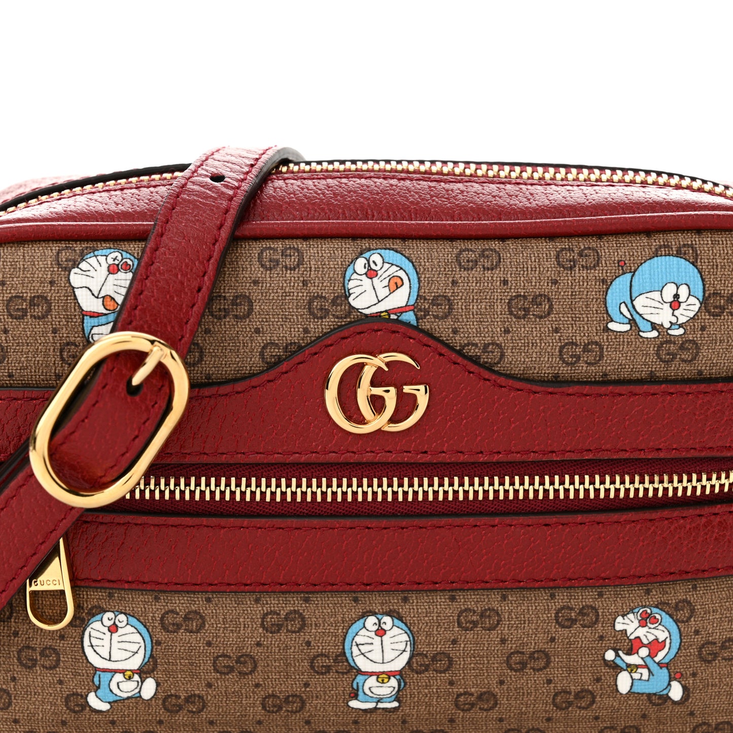 X DORAEMON Mini Vintage GG Supreme Monogram Camera Bag Beige Cherry Red