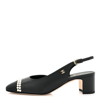 Chanel Lambskin Grosgrain Pearl Cap Toe CC Slingback Pumps 38 Black 1 of 9