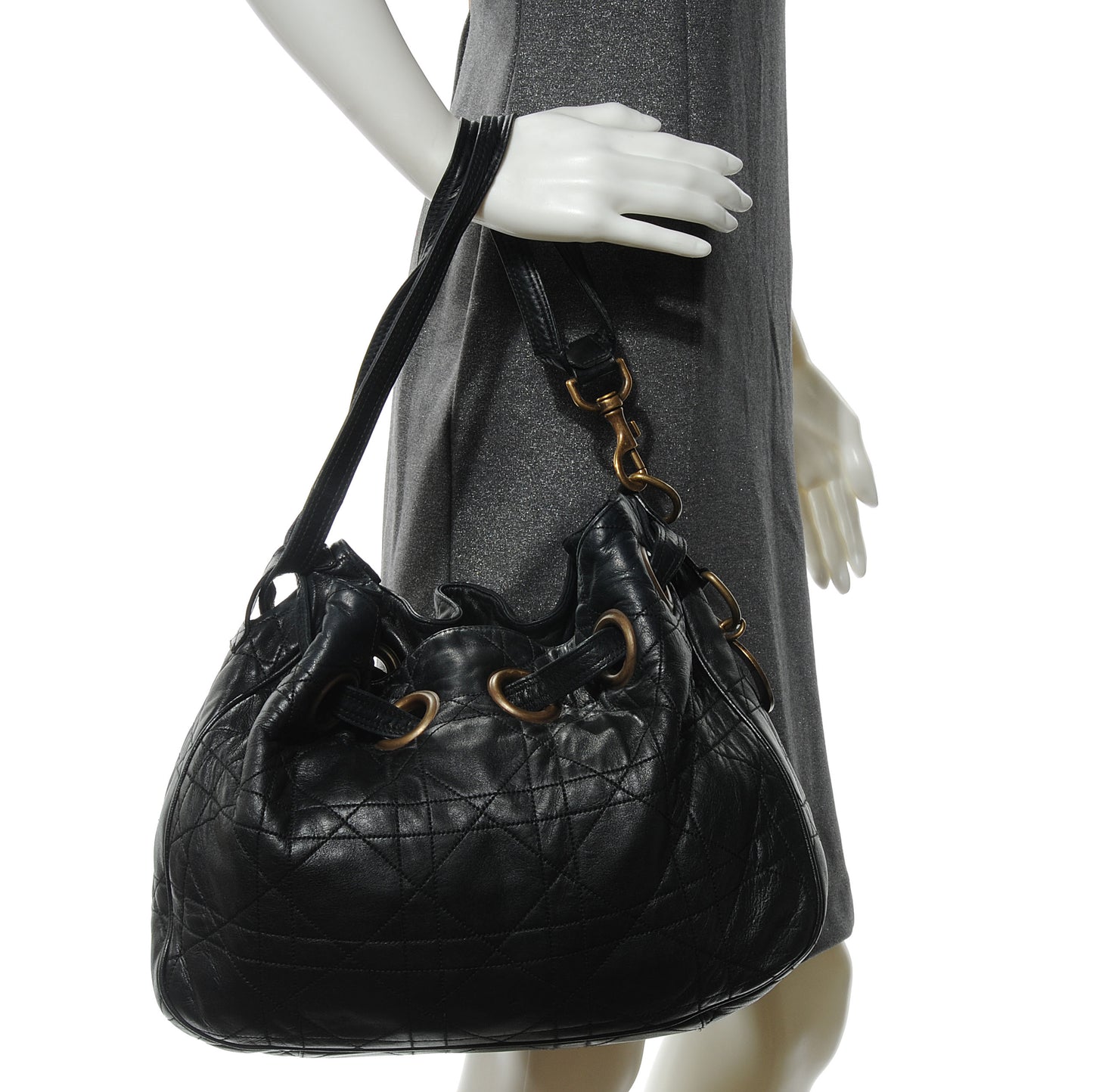 Lambskin Cannage Drawstring Bag Black