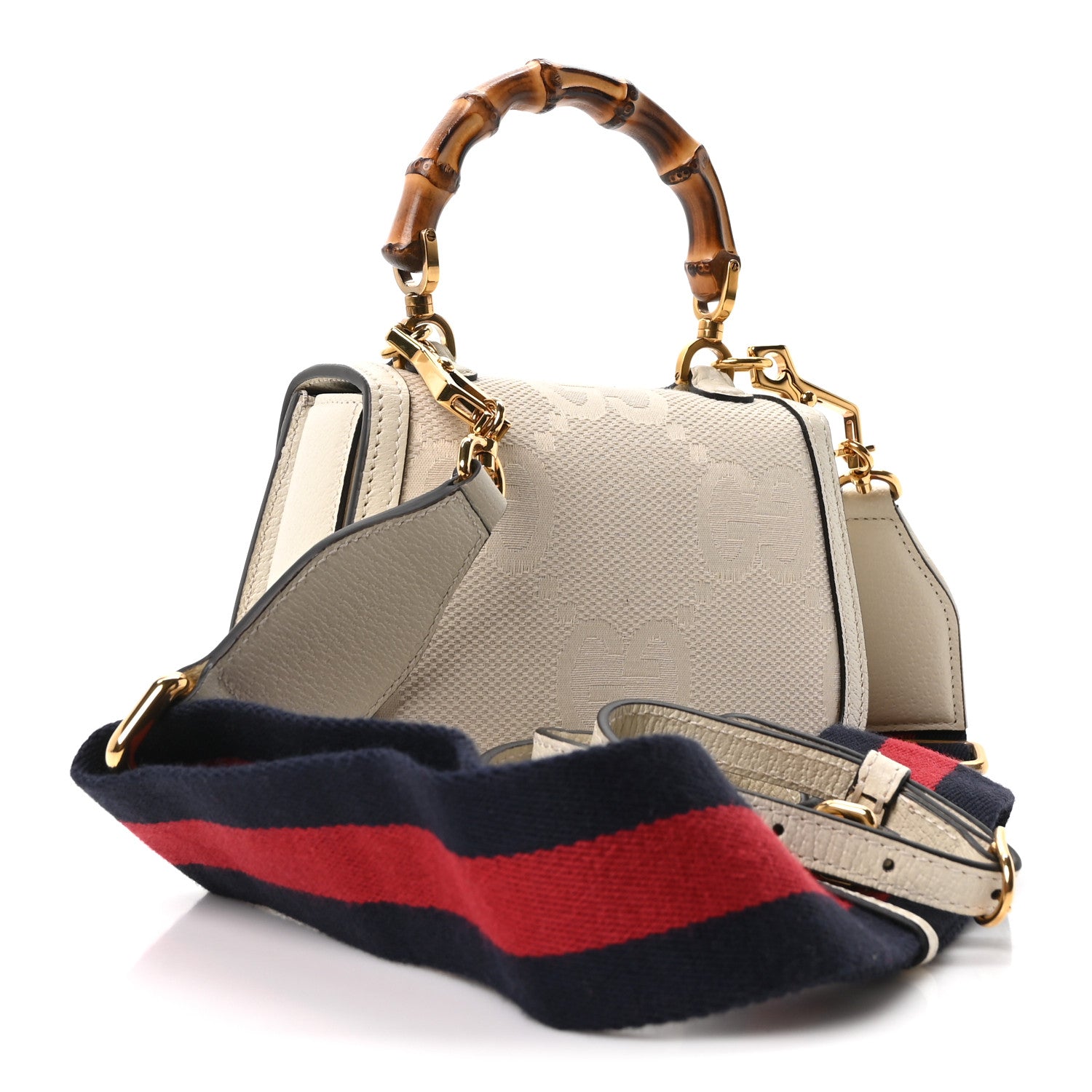 Gucci Monogram Jumbo GG Textured Dollar Calfskin Web Small Bamboo 1947 Top Handle Bag Off White 3 of 10