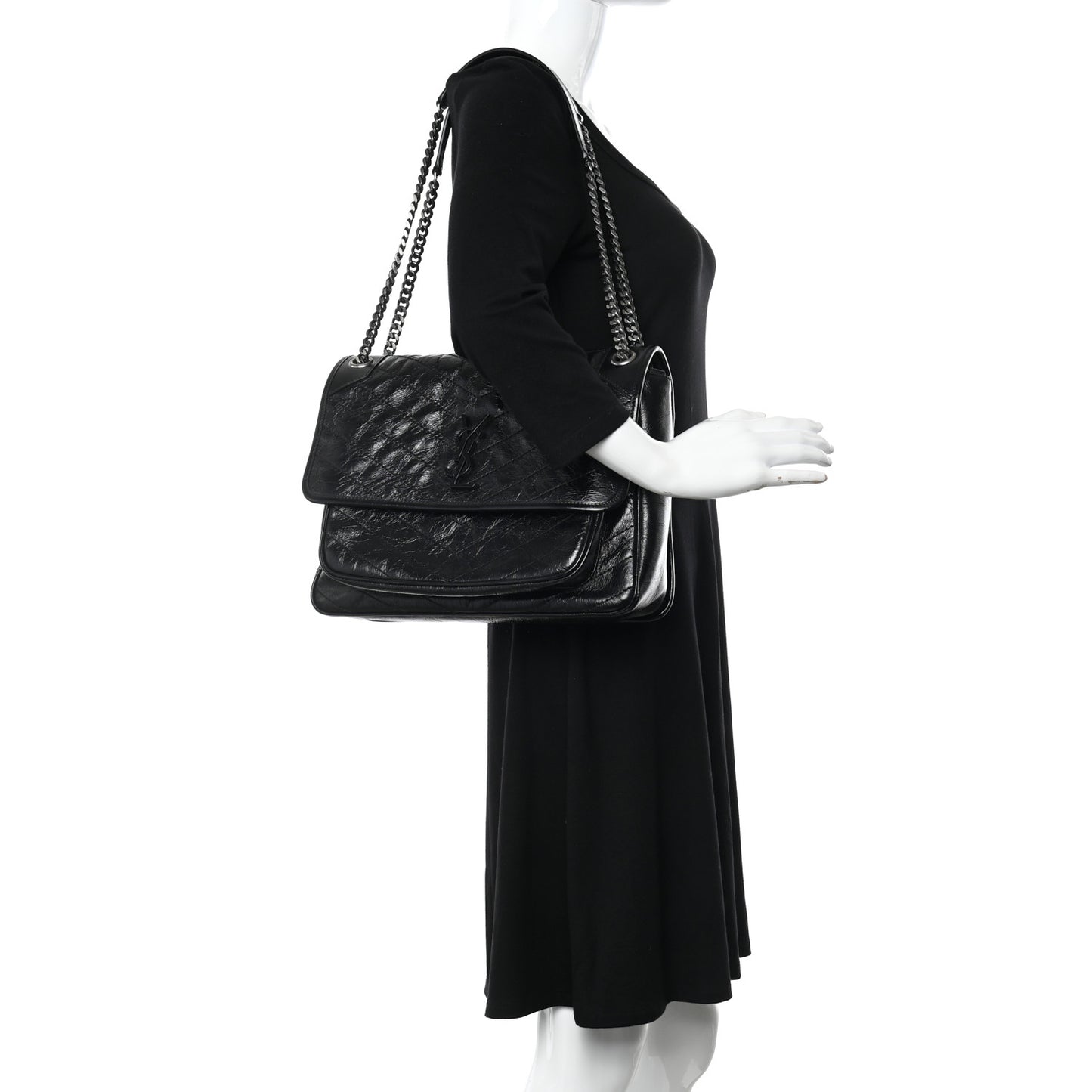 Crinkled Calfskin Matelasse Monogram Large Niki Chain Satchel Black