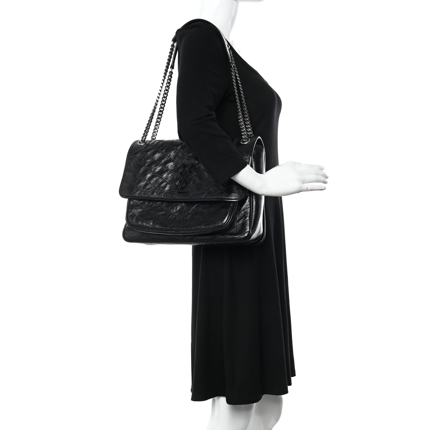 Saint Laurent Crinkled Calfskin Matelasse Monogram Large Niki Chain Satchel Black 2 of 12