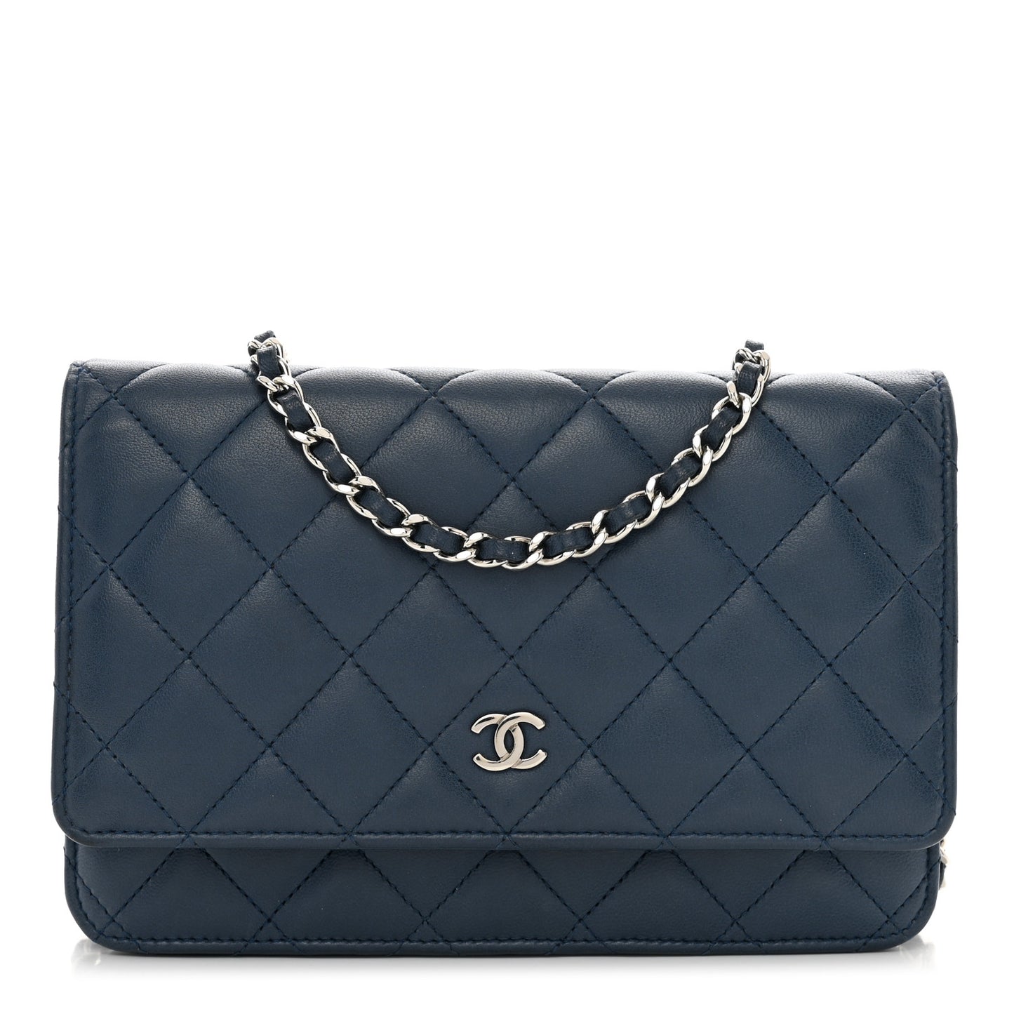 Lambskin Quilted Wallet On Chain WOC Navy Blue
