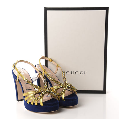 Gucci Velvet Nappa Crystal Zephyra Slingback Platform High Heel Sandals 36 Blue Gold 9 of 9