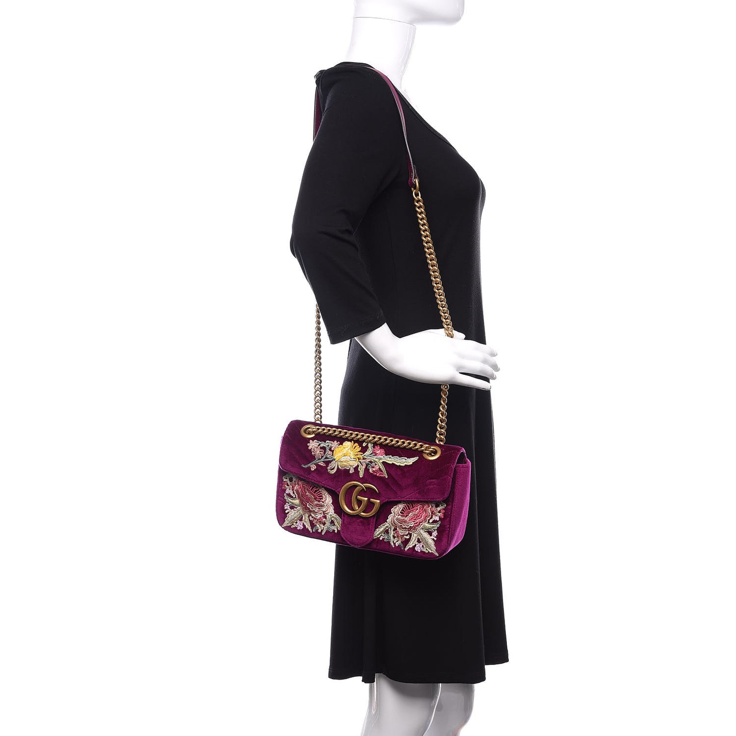 Velvet Matelasse Embroidered Small GG Marmont Shoulder Bag Fuchsia Violet Cyclamen