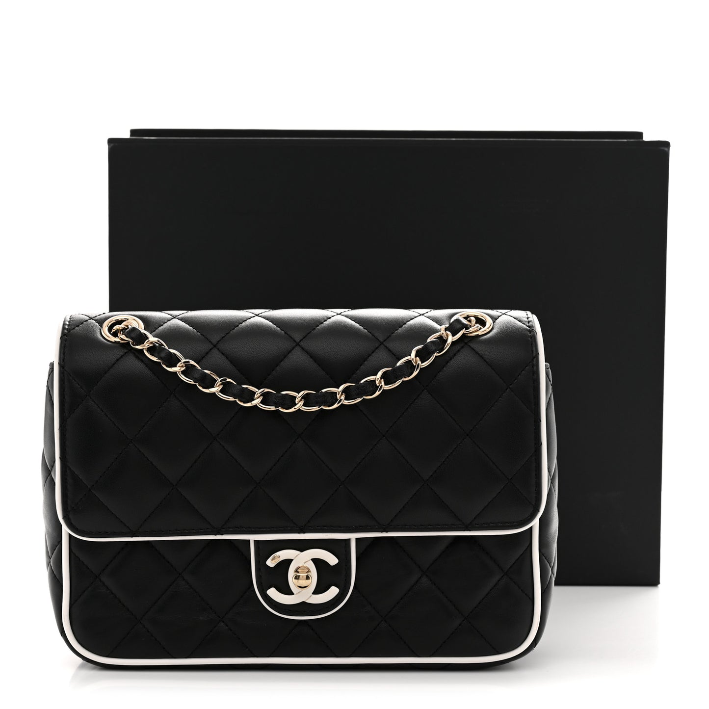 Lambskin Quilted Resin Graphic Frame Flap Bag Black White