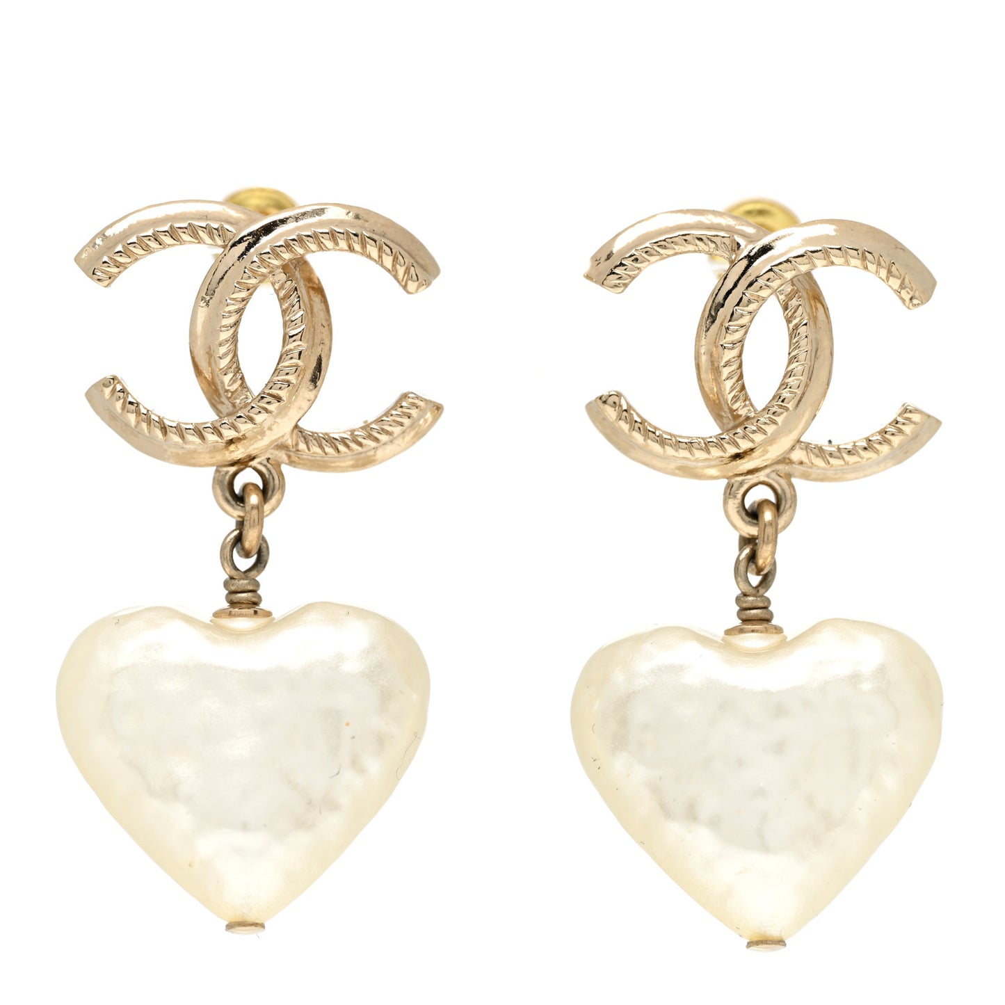 Pearl CC Heart Drop Earrings Gold