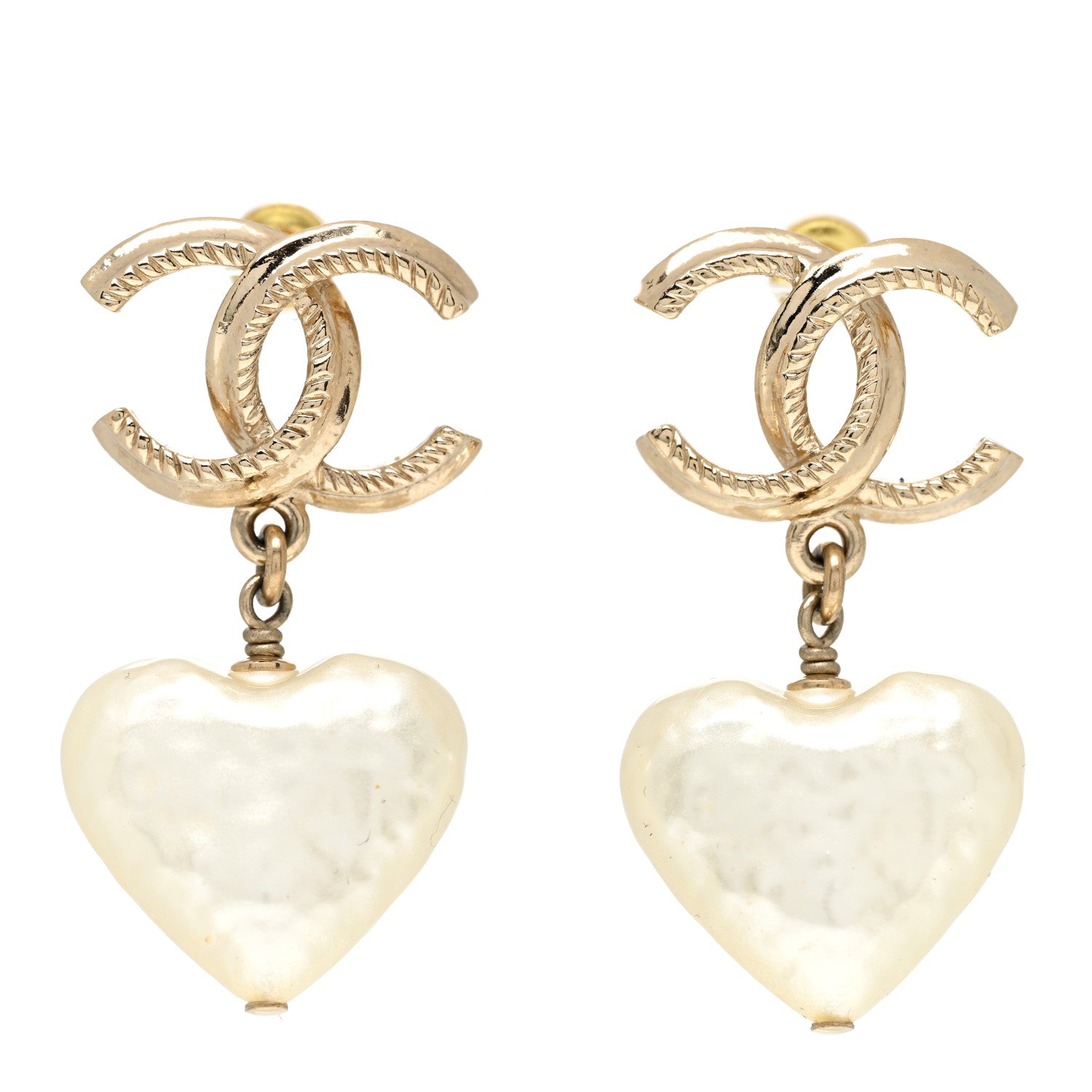 Chanel Pearl CC Heart Drop Earrings Gold 1 of 5