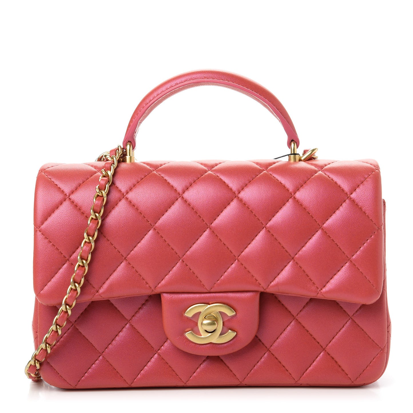 Iridescent Lambskin Quilted Mini Top Handle Rectangular Flap Red