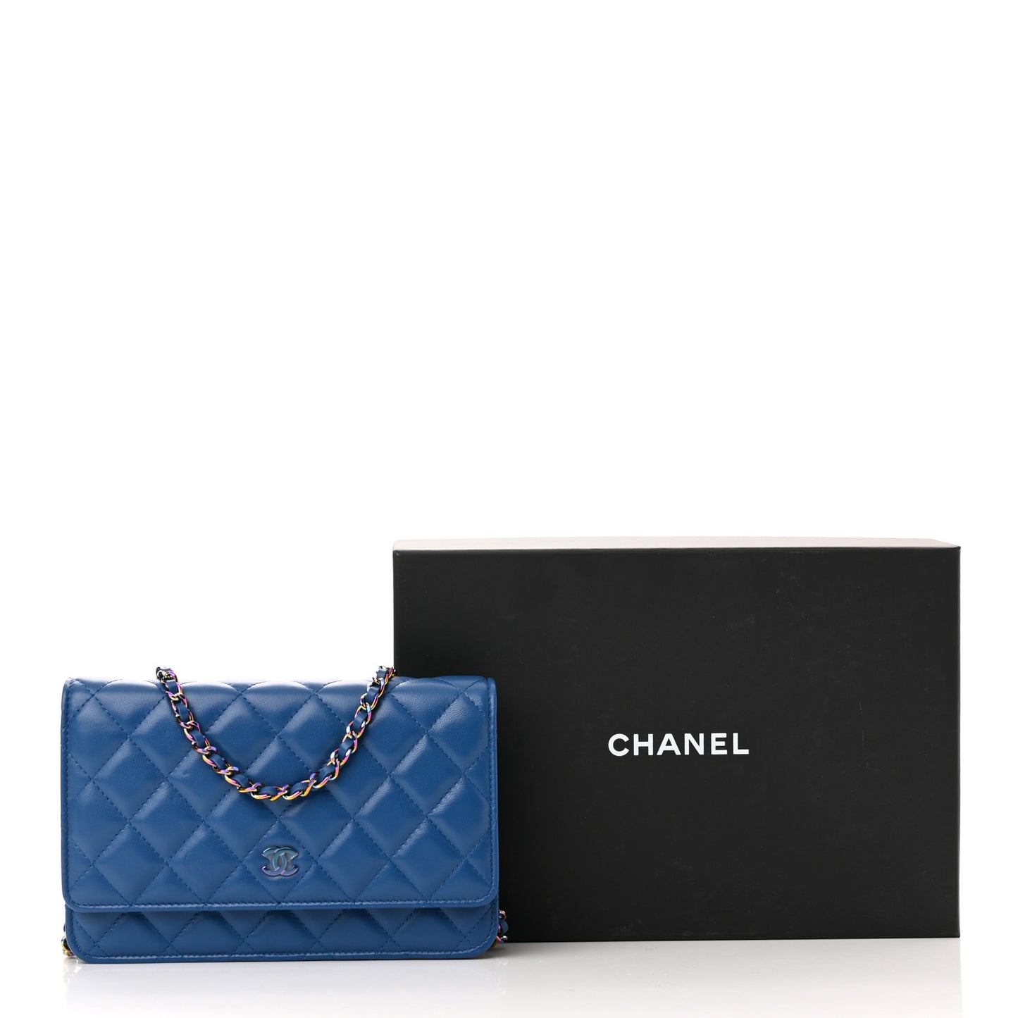 Lambskin Quilted Wallet On Chain WOC Dark Blue Pink