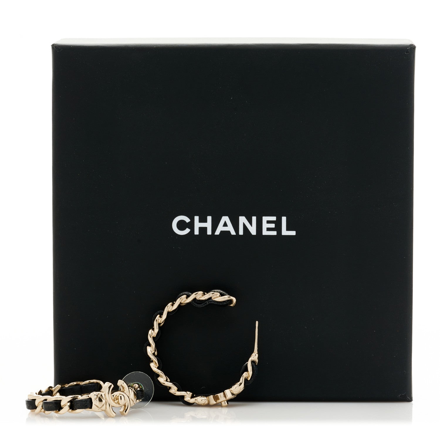 Chanel Metal Lambskin Quilted CC Turnlock Chain Hoop Earrings Gold Black 4 of 4