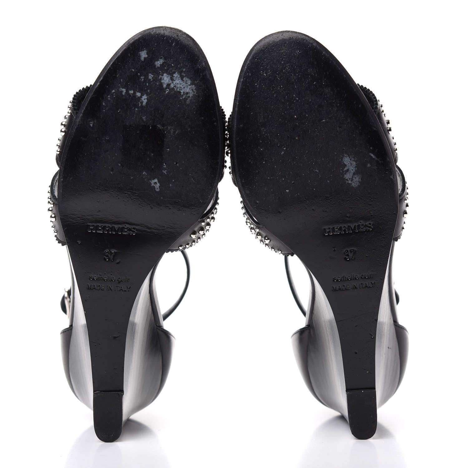 Hermes Calfskin Clous Legend Wedge Sandals 37 Black 6 of 10