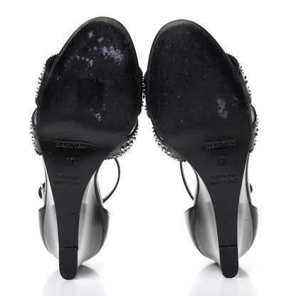 Hermes Calfskin Clous Legend Wedge Sandals 37 Black 6 of 10