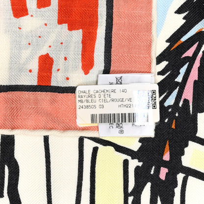 Hermes Cashmere Rayures D'ete Shawl 140 Bleu Ciel Rouge Vert 4 of 5