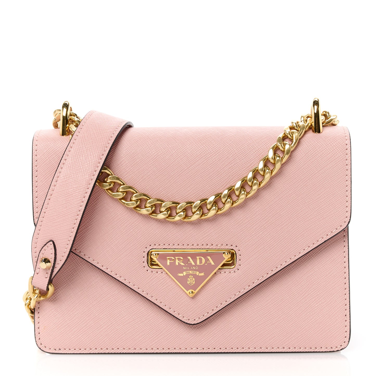 Saffiano Soft Calfskin Metal Triangle Logo Envelope Chain Shoulder Bag Orchidea