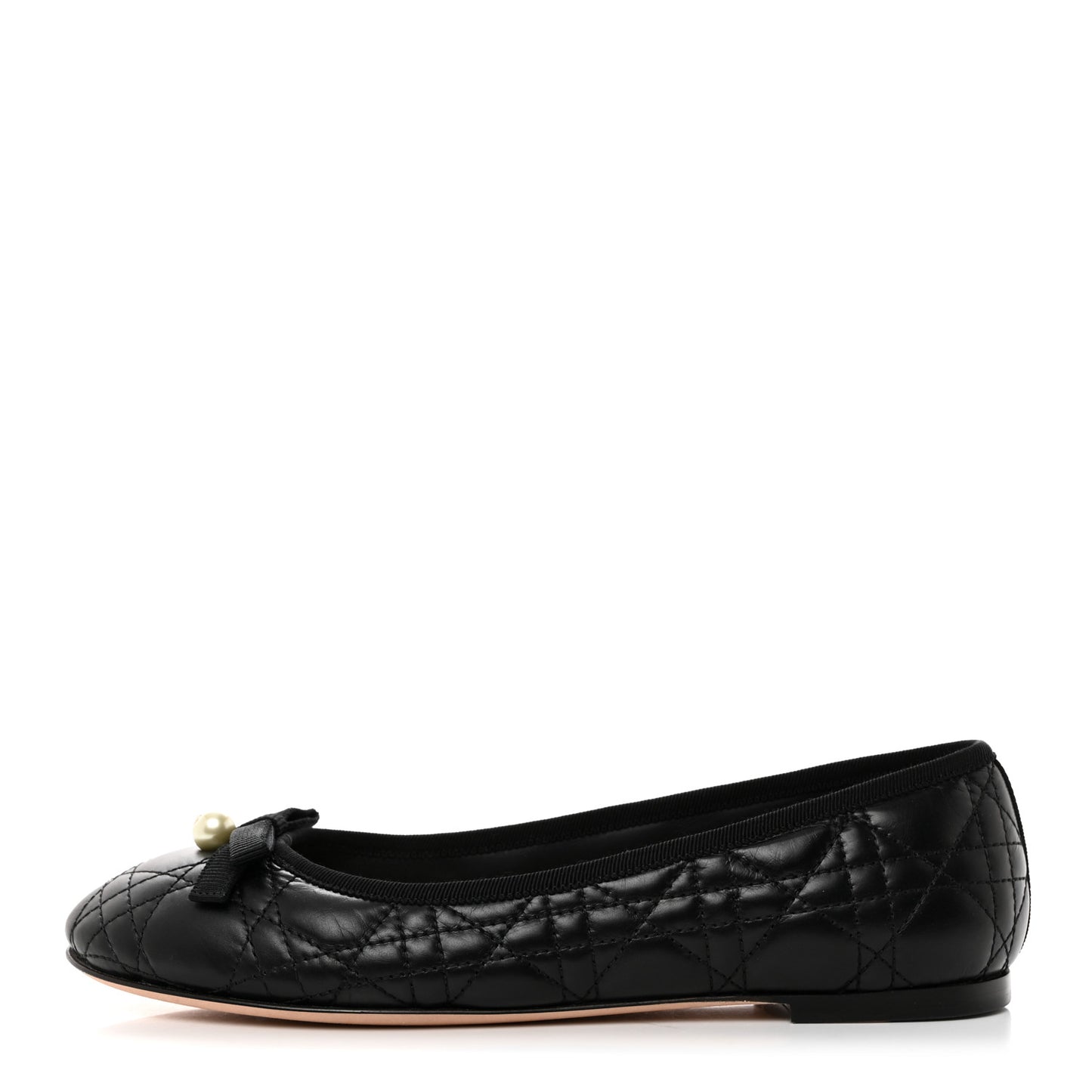 Calfskin Cannage Pearl Bow Ballet Flats 37.5 Black