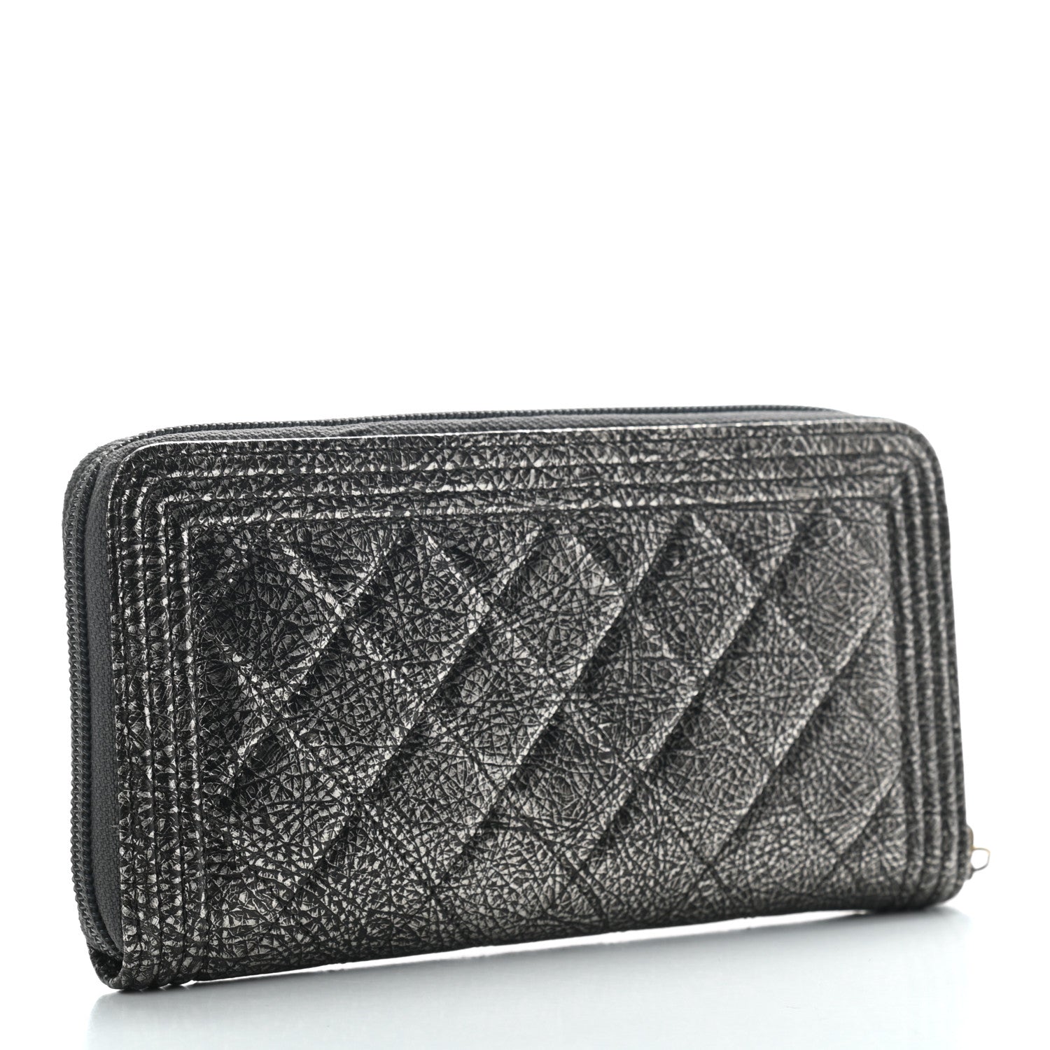 Chanel Cracked Metallic Calfskin Quilted Boy Long Zip Around Wallet Dark Silver 2 of 8
