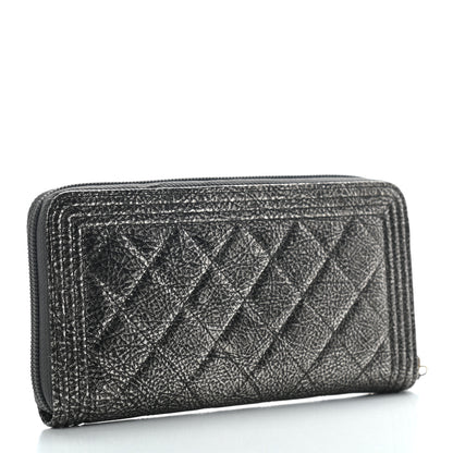 Chanel Cracked Metallic Calfskin Quilted Boy Long Zip Around Wallet Dark Silver 2 of 8