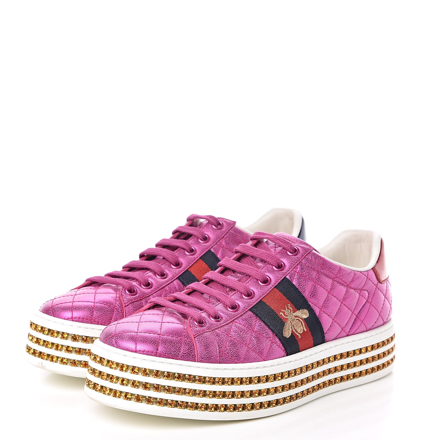Gucci Laminated Nappa Crystal Web Bee Embroidered Trapuntata Womens Ace Platform Sneakers 38 Fuxia 3 of 10