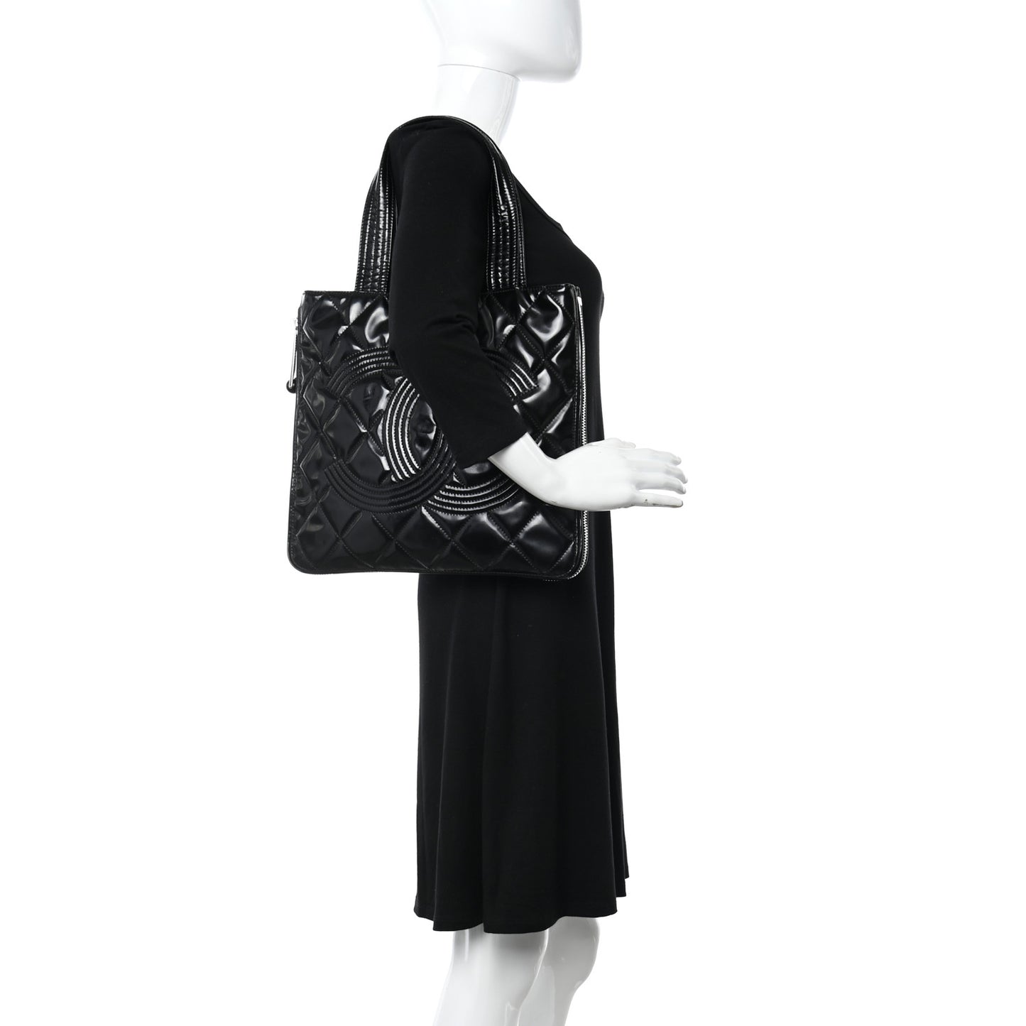 Patent Quilted Expandable CC Shoping Tote Black