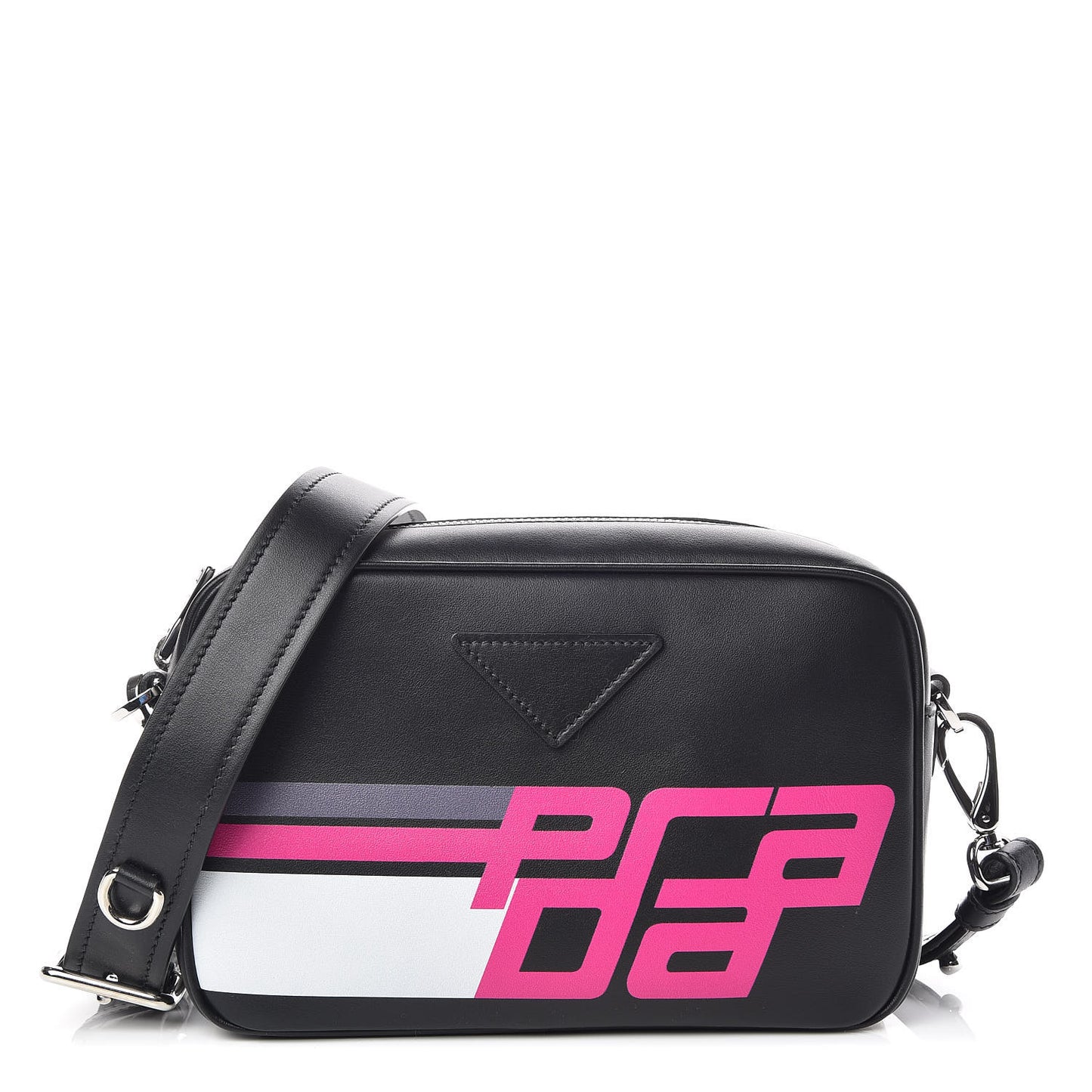 City Calfskin Racing Logo Camera Bag Black Fuxia