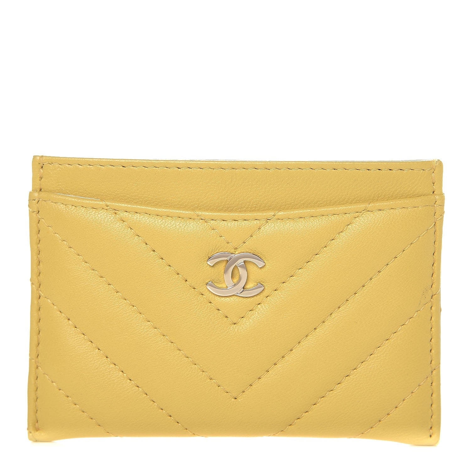 Chanel Lambskin Chevron Quilted Card Holder Yellow 1 of 9