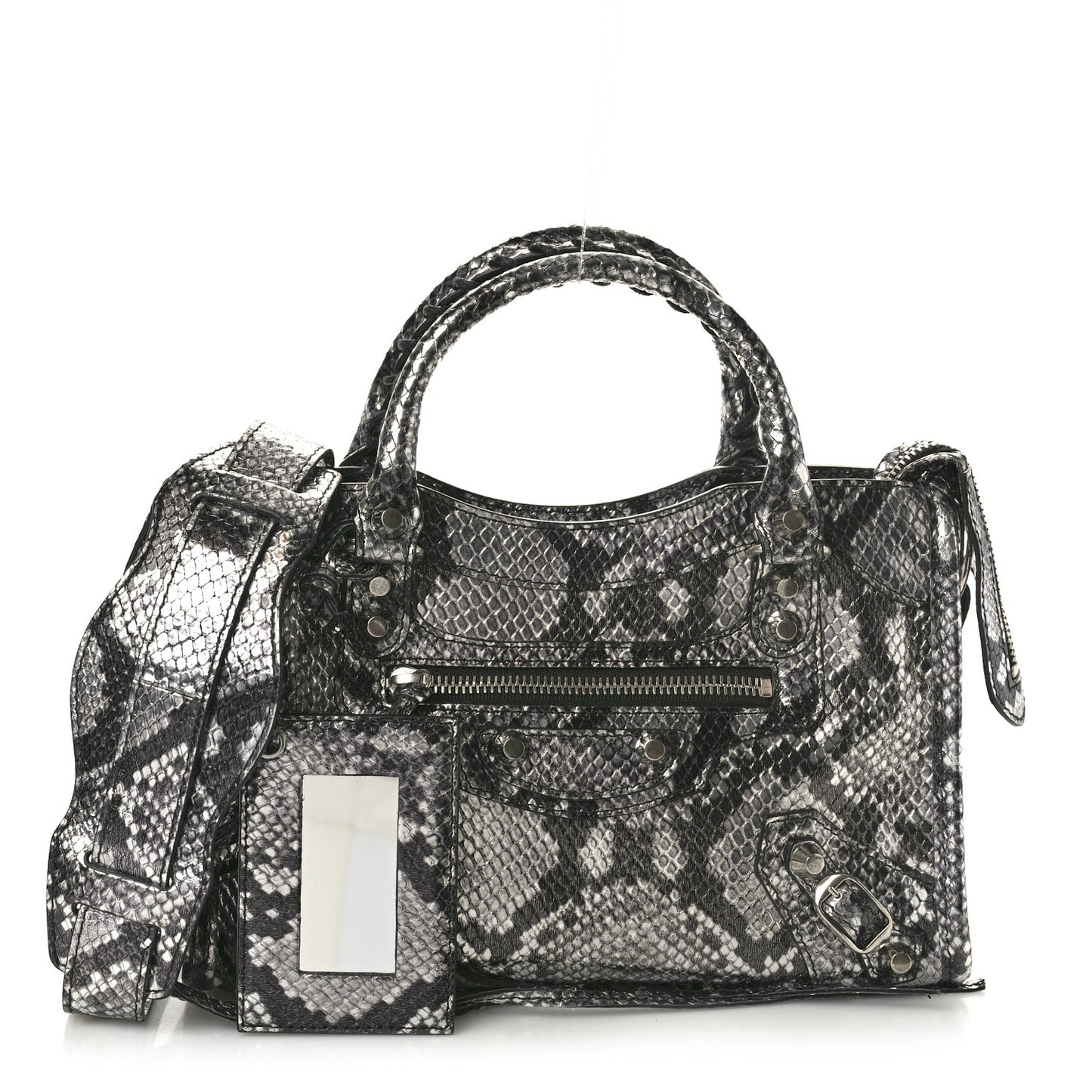 Metallic Calfskin Snakeskin Embossed Classic Silver Hardware Mini City Silver